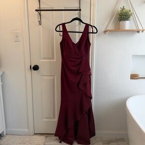 Betsy & Adam V-Neck Cascade Ruffle High Low Dress